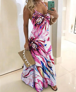 Blue Red Slim Flower Print Dress Sexy Spaghetti Strap Sleeveless Women Long Dress Summer Beach Printing Dresses Plus Size 5XL