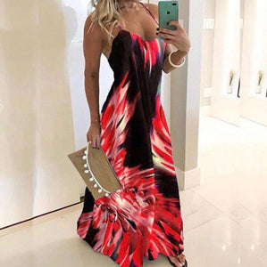 Blue Red Slim Flower Print Dress Sexy Spaghetti Strap Sleeveless Women Long Dress Summer Beach Printing Dresses Plus Size 5XL