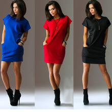 Load image into Gallery viewer, Summer T Shirt Dress Sexy Solid Short Sleeve O Neck Casual Women&#39;s Bodycon Mini Dresses Pocket Slim 2019 Fashion Red Blue Dress
