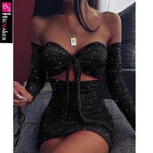 Load image into Gallery viewer, Women Glitter Off Shoulder Ruched Bodycon Dress Sexy &amp; Club Long Sleeve Glitter Sparkly Night Out Cocktail Party Vestido
