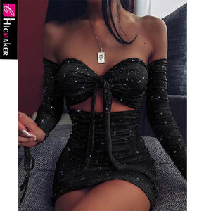 Women Glitter Off Shoulder Ruched Bodycon Dress Sexy & Club Long Sleeve Glitter Sparkly Night Out Cocktail Party Vestido