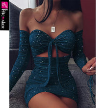 Load image into Gallery viewer, Women Glitter Off Shoulder Ruched Bodycon Dress Sexy &amp; Club Long Sleeve Glitter Sparkly Night Out Cocktail Party Vestido
