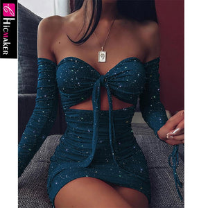 Women Glitter Off Shoulder Ruched Bodycon Dress Sexy & Club Long Sleeve Glitter Sparkly Night Out Cocktail Party Vestido