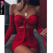 Load image into Gallery viewer, Women Glitter Off Shoulder Ruched Bodycon Dress Sexy &amp; Club Long Sleeve Glitter Sparkly Night Out Cocktail Party Vestido
