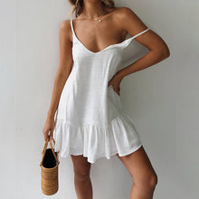 Load image into Gallery viewer, Spaghetti Strap Dresses Off Shoulder Women Summer Dress 2020 White Shift Dress Ruffle Sexy Sundress Mini Cotton Linen Vestidos
