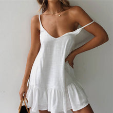 Load image into Gallery viewer, Spaghetti Strap Dresses Off Shoulder Women Summer Dress 2020 White Shift Dress Ruffle Sexy Sundress Mini Cotton Linen Vestidos
