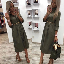 Load image into Gallery viewer, Women Casual Sashes a Line Party Dress Ladies Button Turn Down Collar OL Style Shirt Dress 2019 Summer Solid Knee Dress
